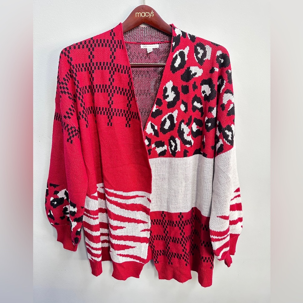 cato red black animal print open front cardigan size 18/20W